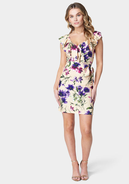V-neck Floral Print Belted Fitted Dress With Ruffles