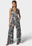 V-neck General Print Slit Plunging Neck Jumpsuit