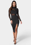 Long Sleeves Mesh Plunging Neck Midi Dress