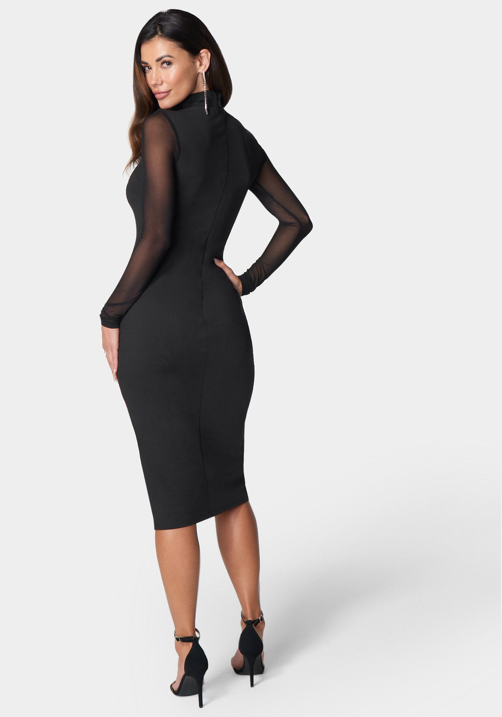 Shop Bebe Mesh Inset Long Sleeve Midi Dress In Black
