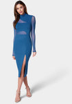 Mesh Plunging Neck Long Sleeves Midi Dress