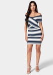 V-neck Off the Shoulder Collared Sweater Striped Print Short Dress