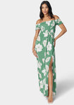 Smocked Short Sleeves Sleeves Off the Shoulder Floral Print Slit Maxi Dress