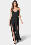 Sexy V-neck Tie Waist Waistline Spaghetti Strap Slit Self Tie Flowy Little Black Dress/Jumpsuit