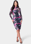 Floral Print Mesh Ruched Evening Dress/Midi Dress