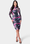 Ruched Mesh Floral Print Evening Dress/Midi Dress