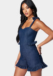 Tie Strap Ruffle Detail Denim Romper