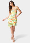 Mesh Summer Short General Print Cowl Neck Party Dress With Ruffles