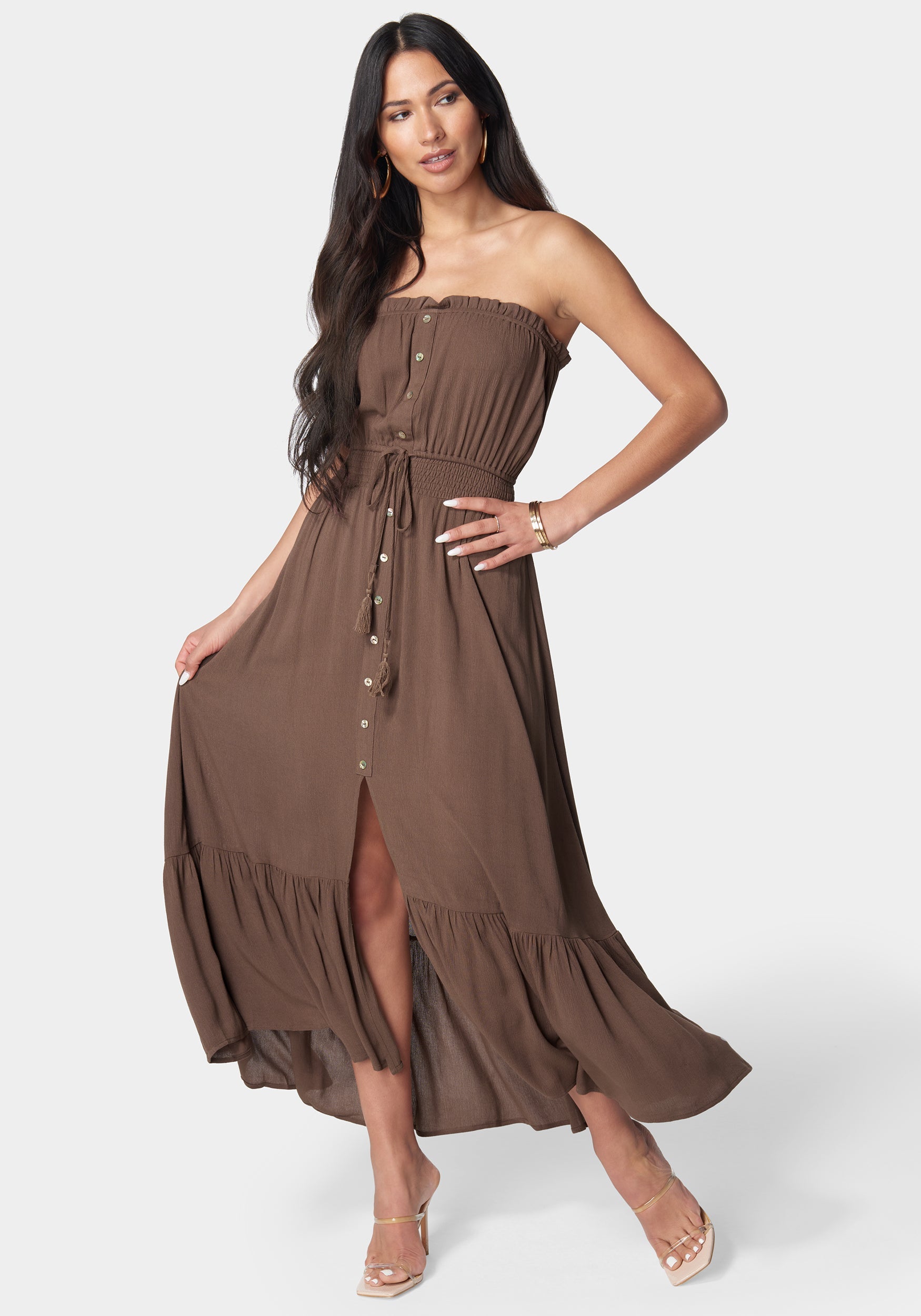 Bebe Strapless Maxi Dress In Brown