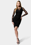 Mesh Illusion Shirred Little Black Dress/Midi Dress