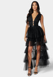 High-Low-Hem Tiered Mesh Party Dress