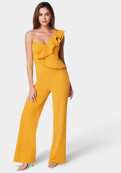 Sophisticated Asymmetric One Shoulder Jumpsuit With Ruffles