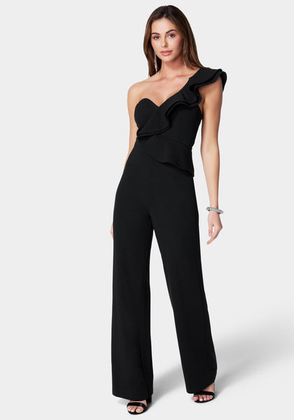 Sophisticated Asymmetric One Shoulder Jumpsuit With Ruffles