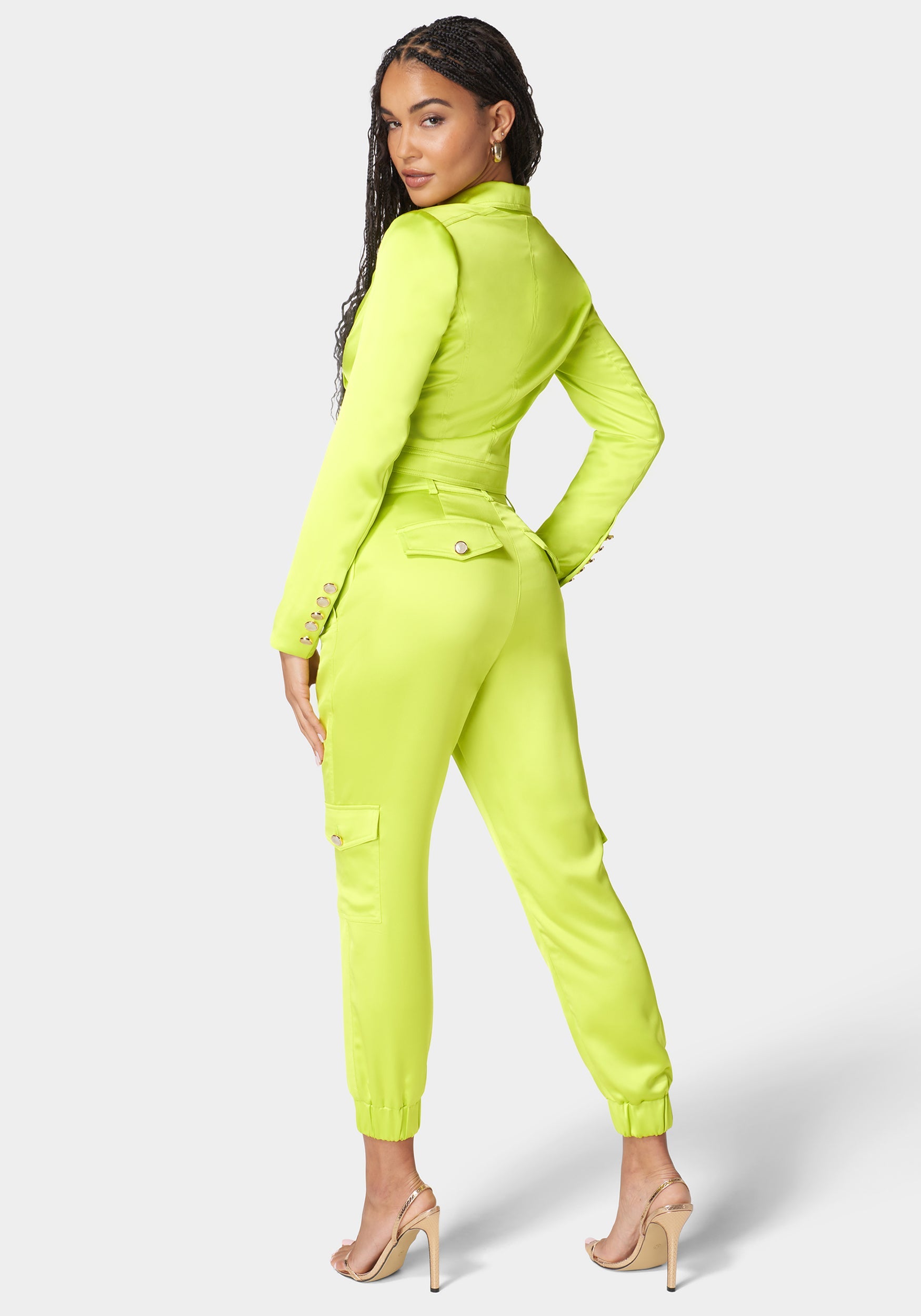 Shop Bebe Tailored Cargo Satin Jogger Pant In Cyber Lime