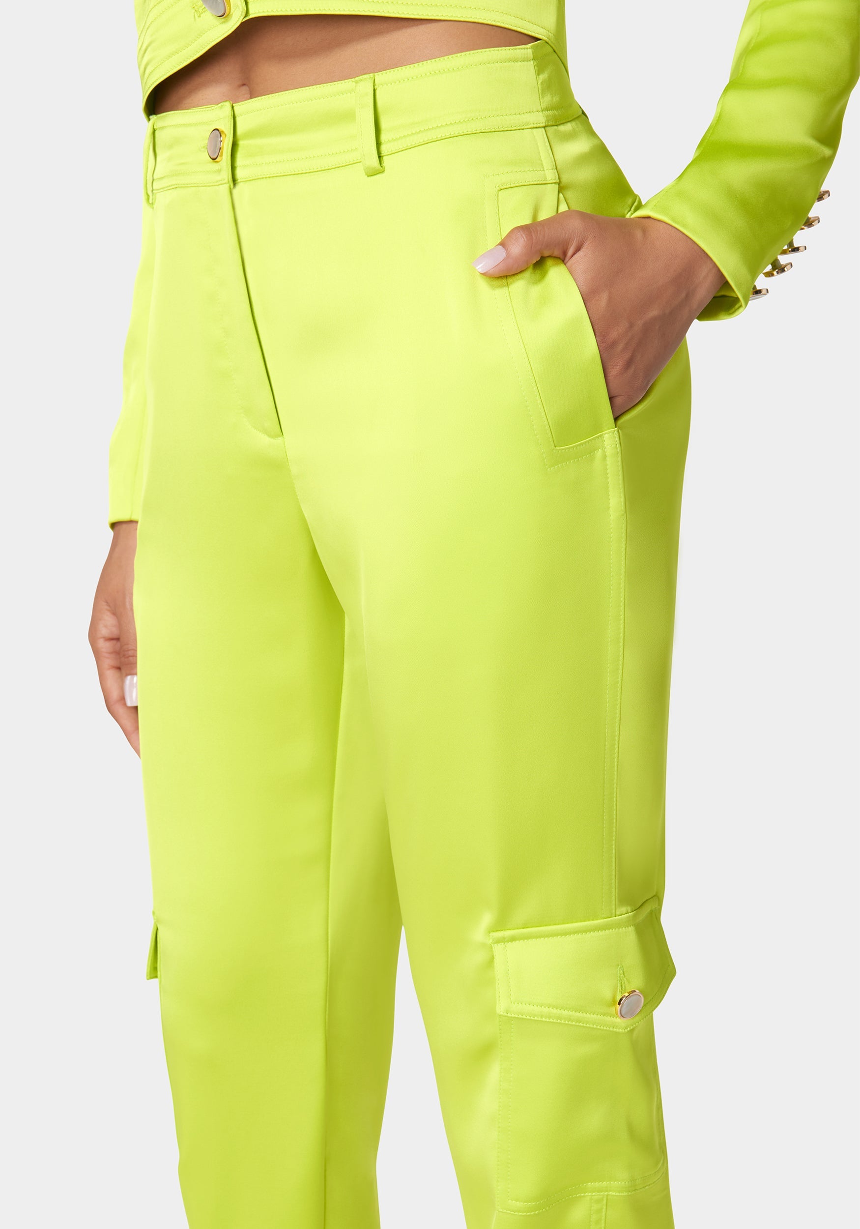 Shop Bebe Tailored Cargo Satin Jogger Pant In Cyber Lime