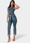 Sequin Sleeveless Cuffed Slim Leg Denim Jumpsuit