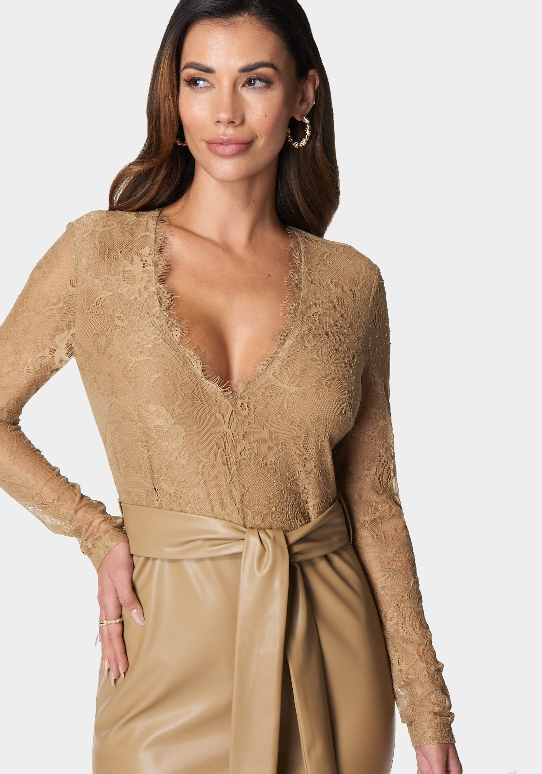 Shop Bebe Vegan Leather Lace Midi Dress In Camel