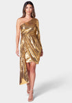 Polyester Sequined Asymmetric One Shoulder Dress With a Sash