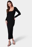 Sophisticated Long Sleeves General Print Fitted Ribbed Square Neck Dress