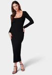 Sophisticated Fitted Ribbed General Print Long Sleeves Square Neck Dress