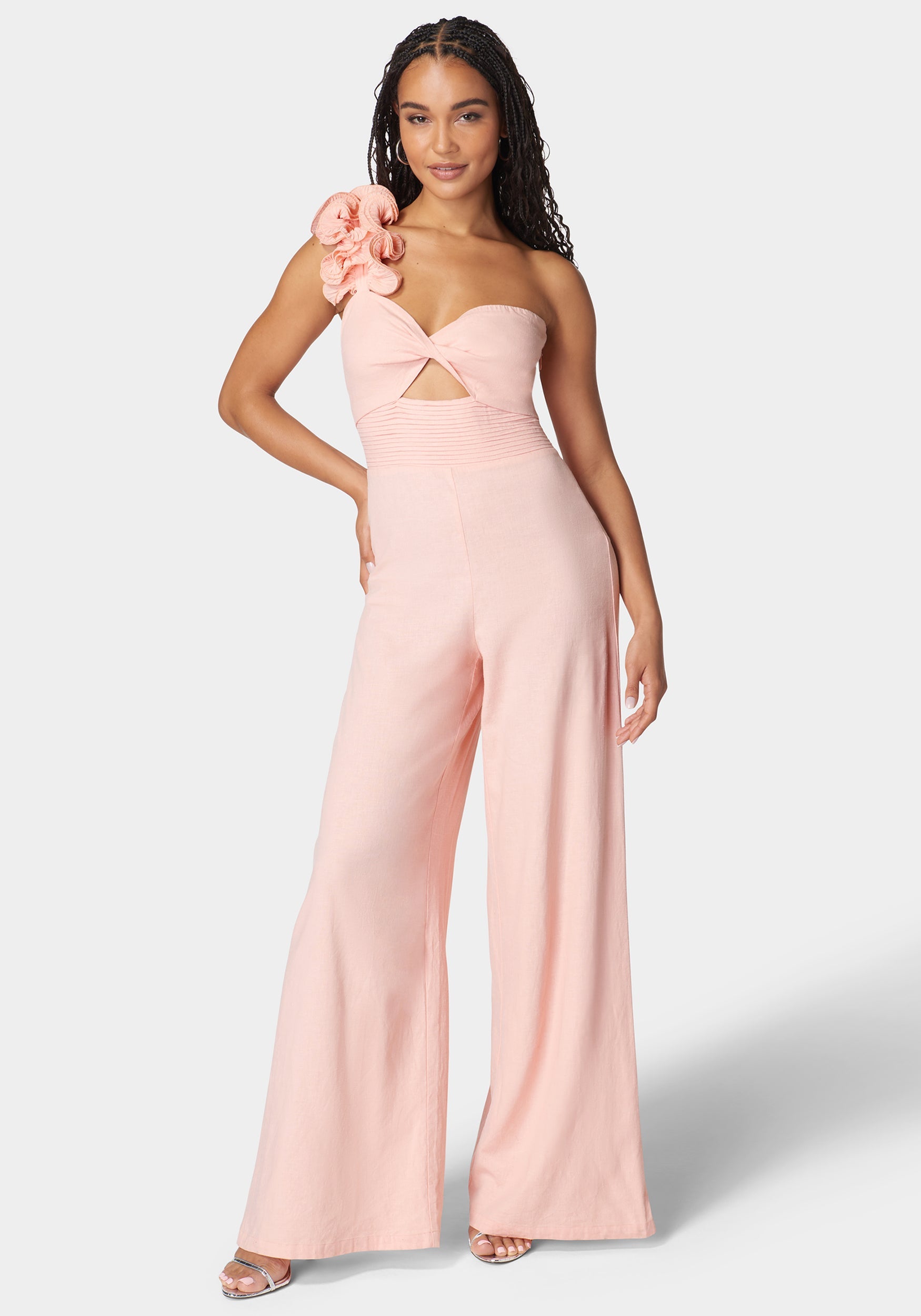 Shop Bebe Ruffle Shoulder Detail Full Wide Leg Jumpsuit In Apricot Blush