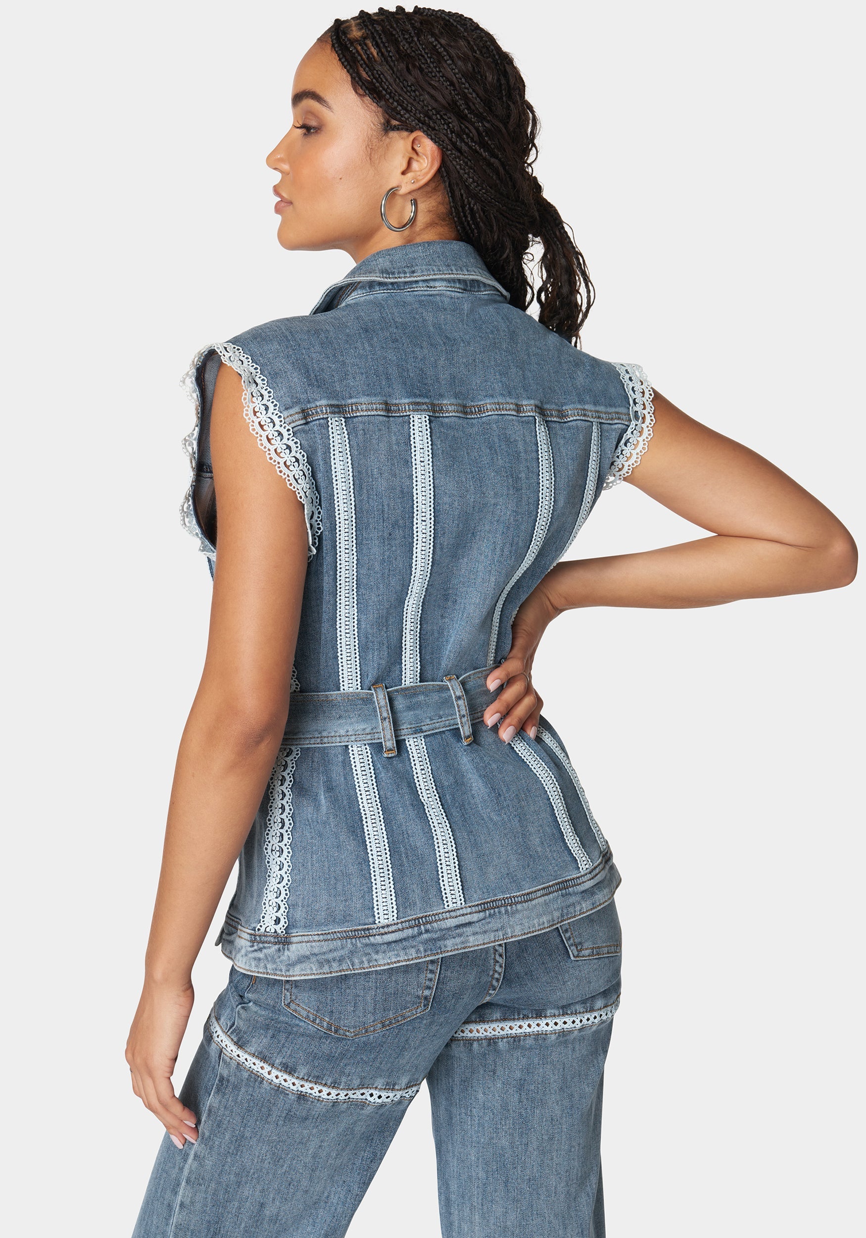 Shop Bebe Semi Fitted Lace Applique Denim Vest In River Blue Wash