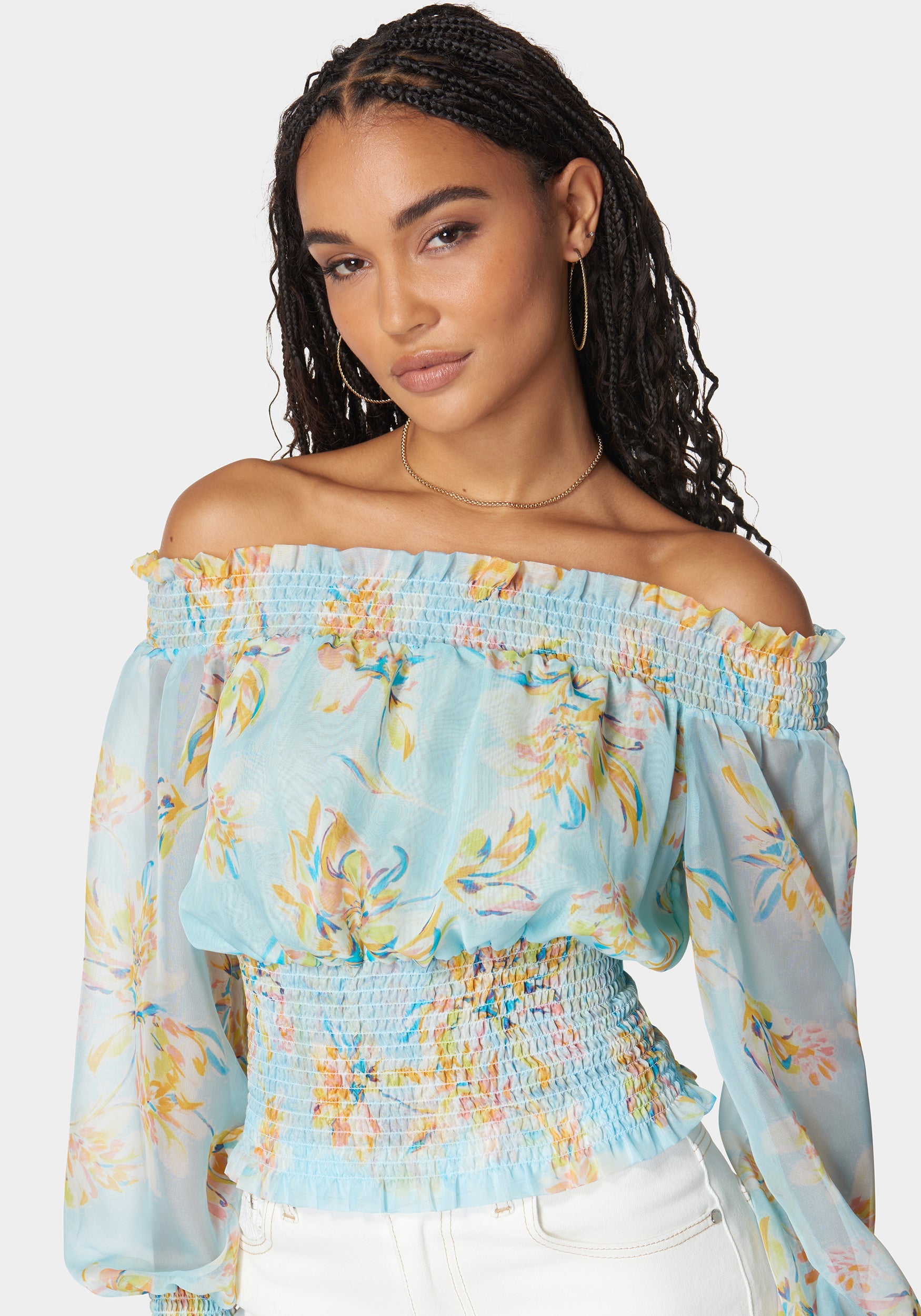 Shop Bebe Off Shoulder Smocked Chiffon Blouse In Bali Blooms Print