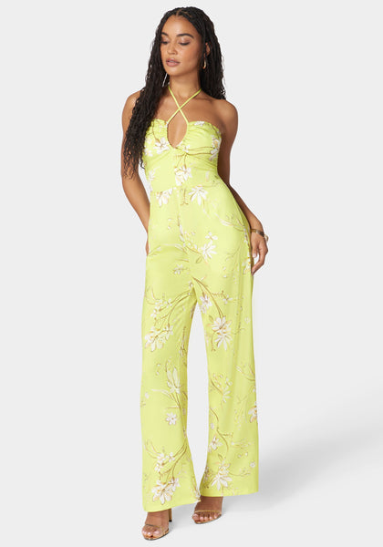 Sophisticated V-neck Floral Print Plunging Neck Polyester Cutout Jumpsuit