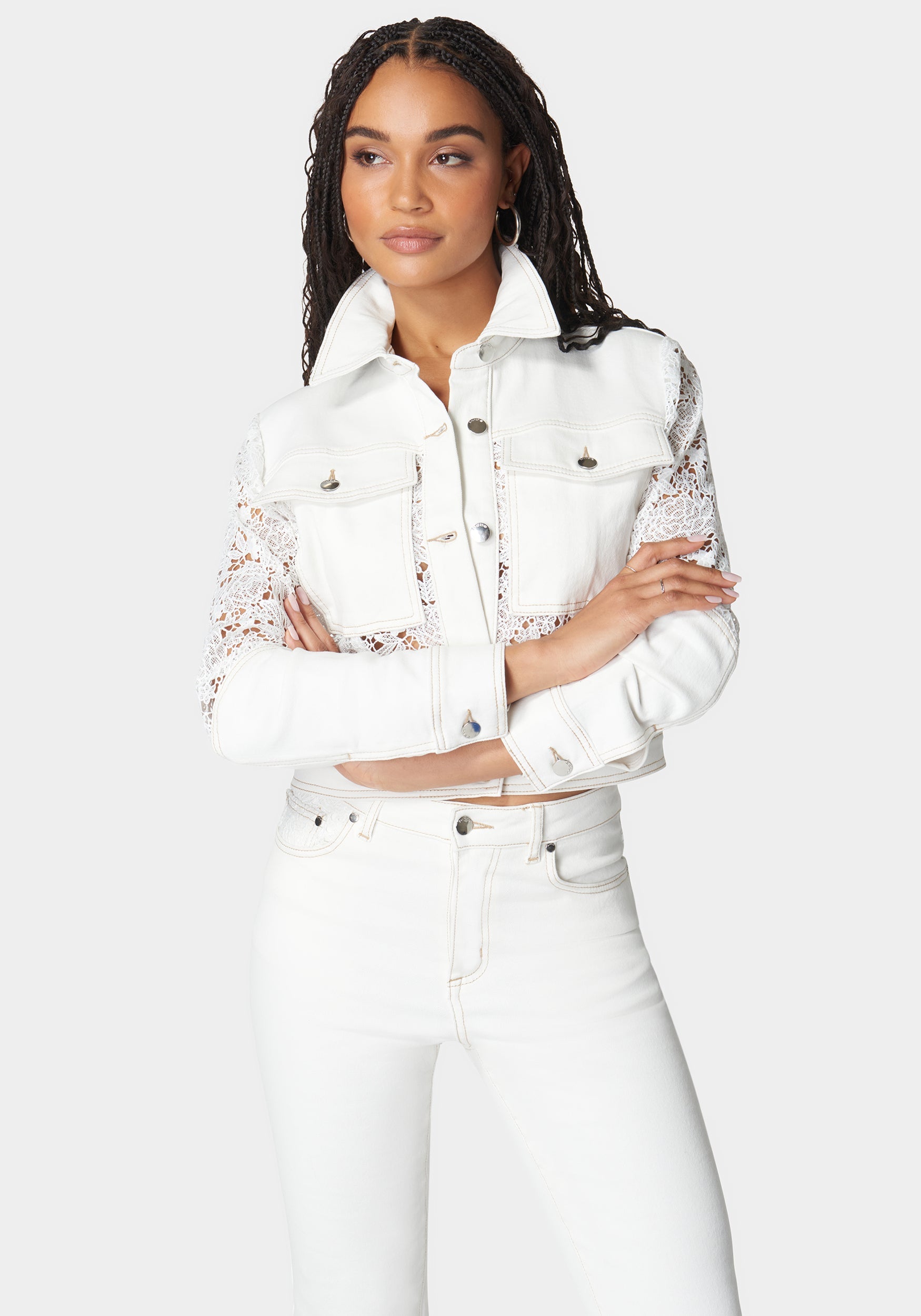 Shop Bebe Lace Combo Denim Jacket In Soft White Wash