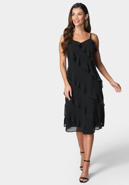 Asymmetric Little Black Dress/Slip Dress/Midi Dress With Ruffles