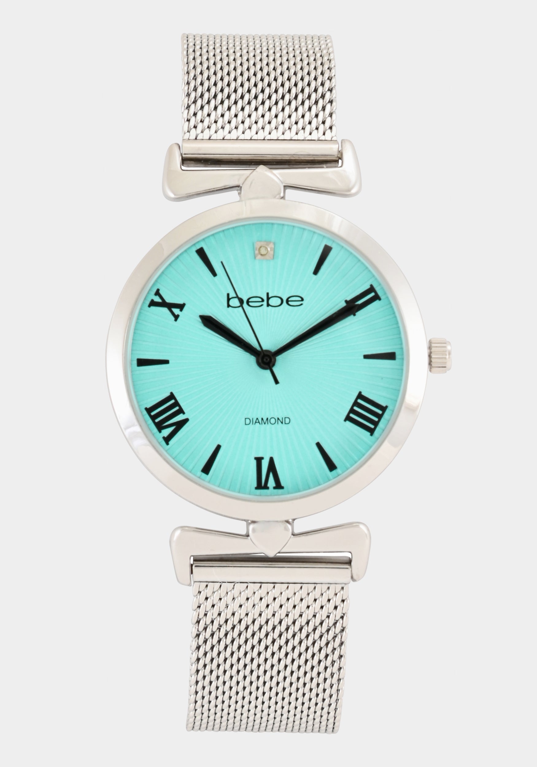 Bebe Silver Mesh Strap Round Diamond Dial Watch In Metallic