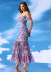 Floral Print Off the Shoulder Ruched Mesh Evening Dress