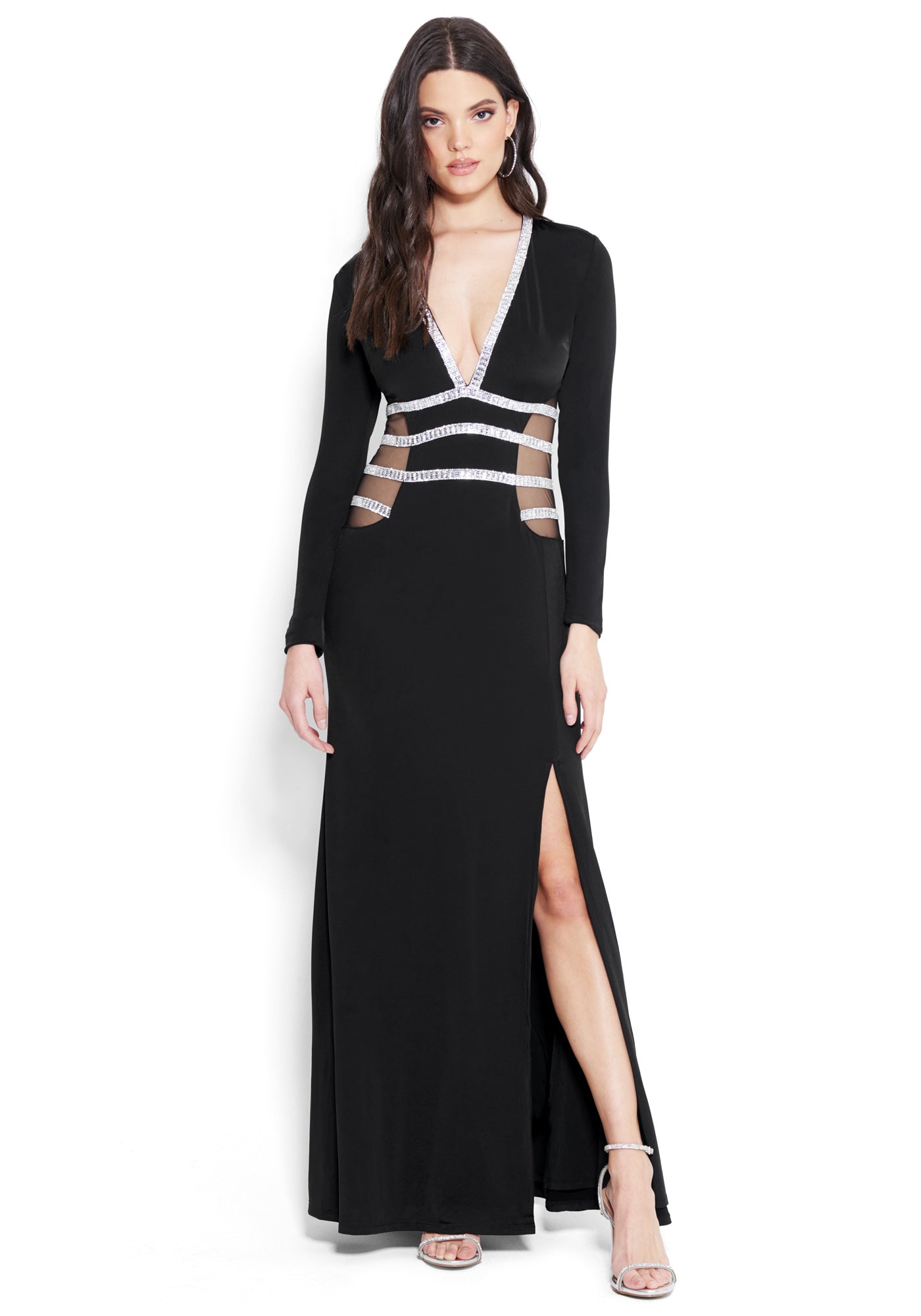 Bebe Women's Sparkly V-Neck Gown, Size XL in BLACK Spandex