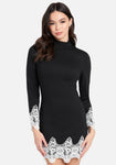 Sexy Hidden Back Zipper Applique Lace Trim Mock Neck Dress