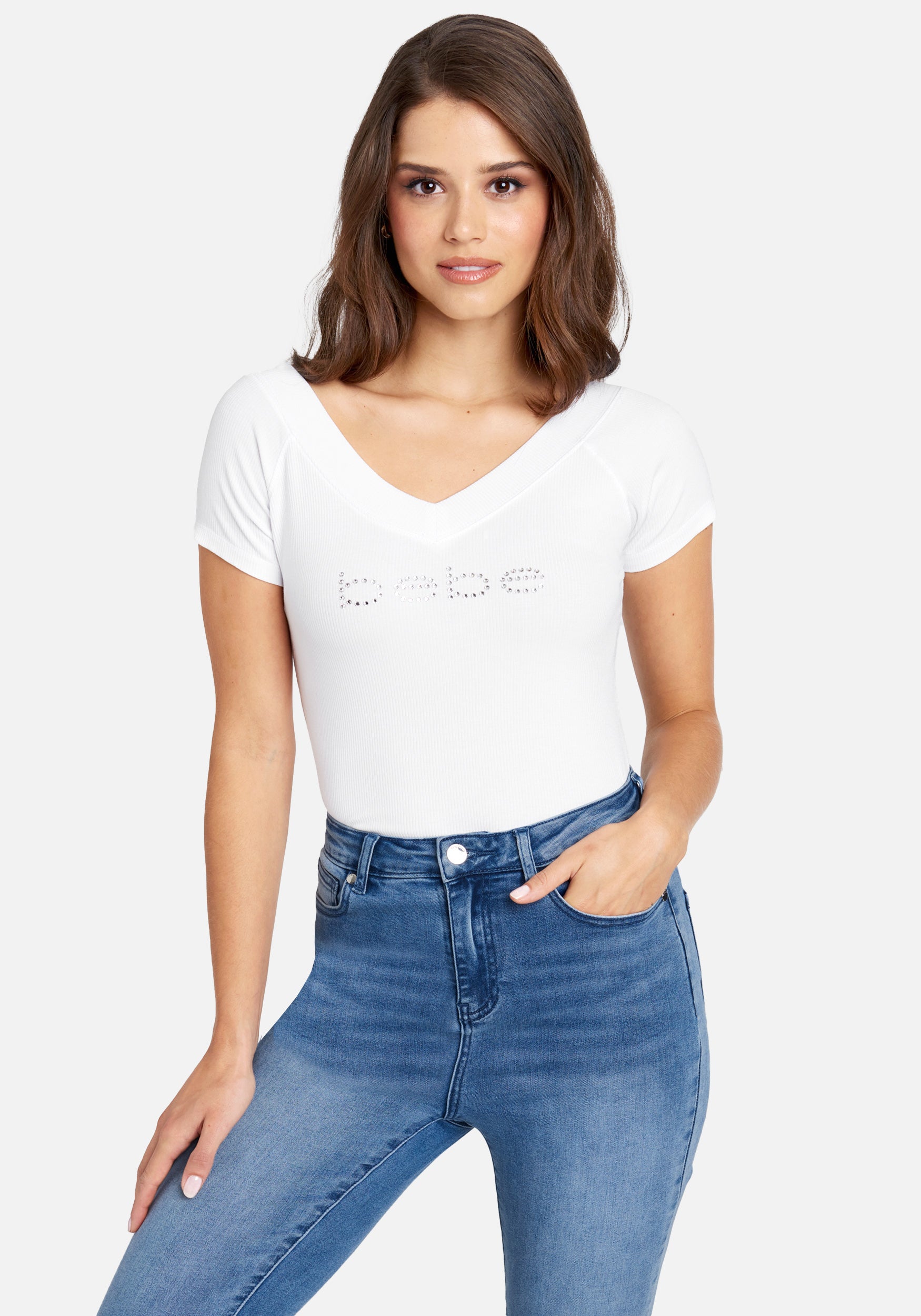  Accessories > Jewelry > Bracelets-Crystal Logo Double V-Neck Short Sleeve Tee