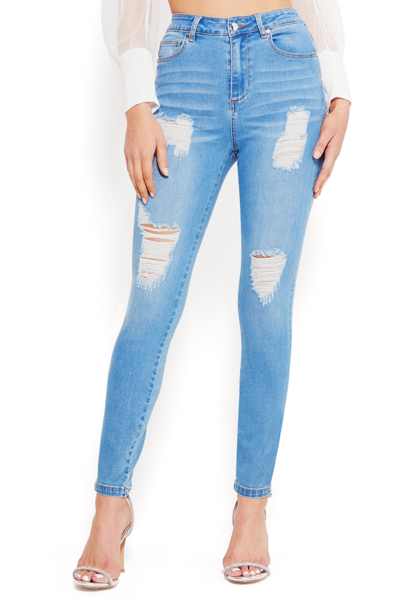 Bebe Women's Destructed Skinny Jeans, Size 25 in Light Blue Wash Cotton/Spandex
