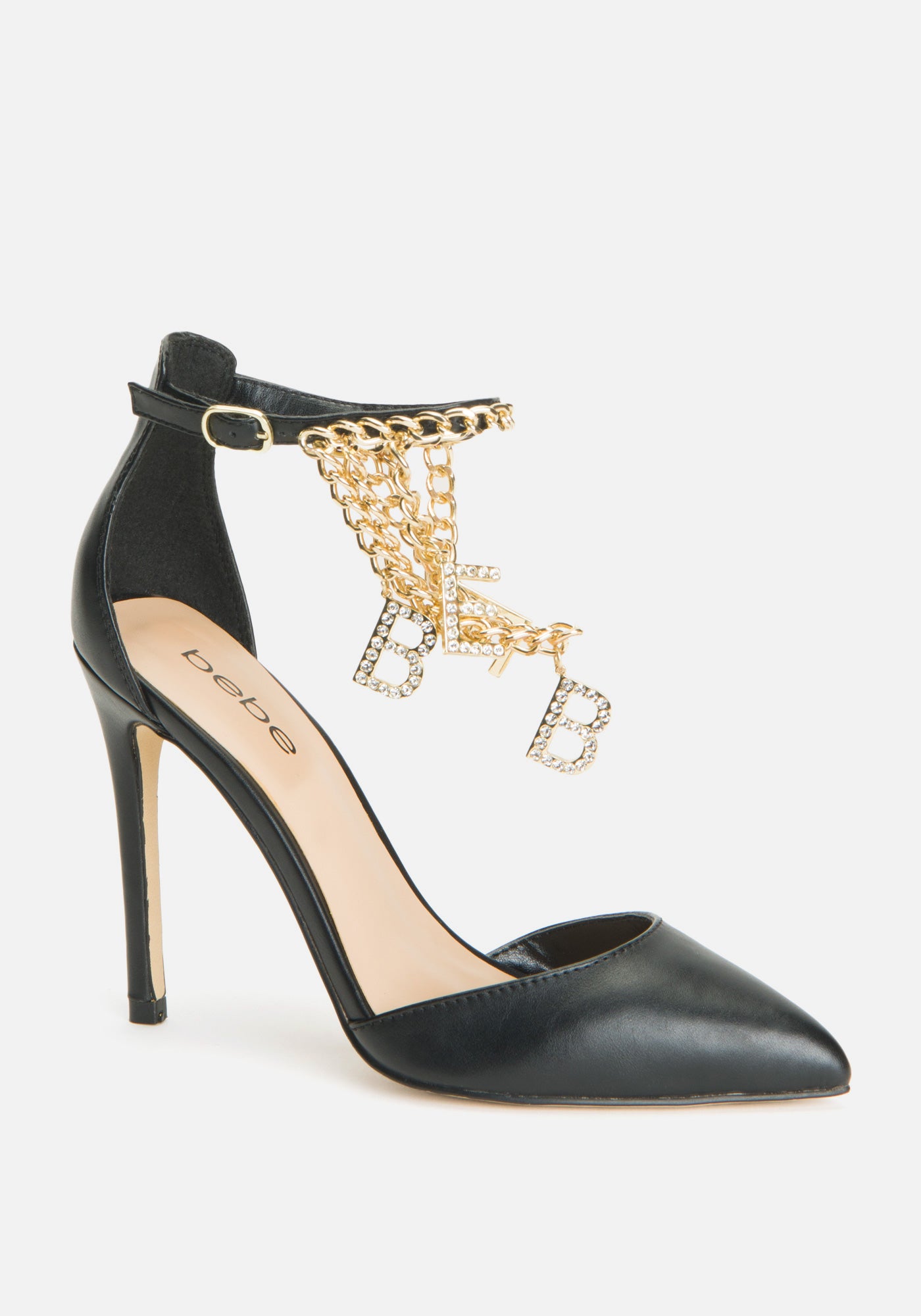 Bebe Women's Decor Ankle Strap Heels Shoe, Size 8.5 in Black Synthetic
