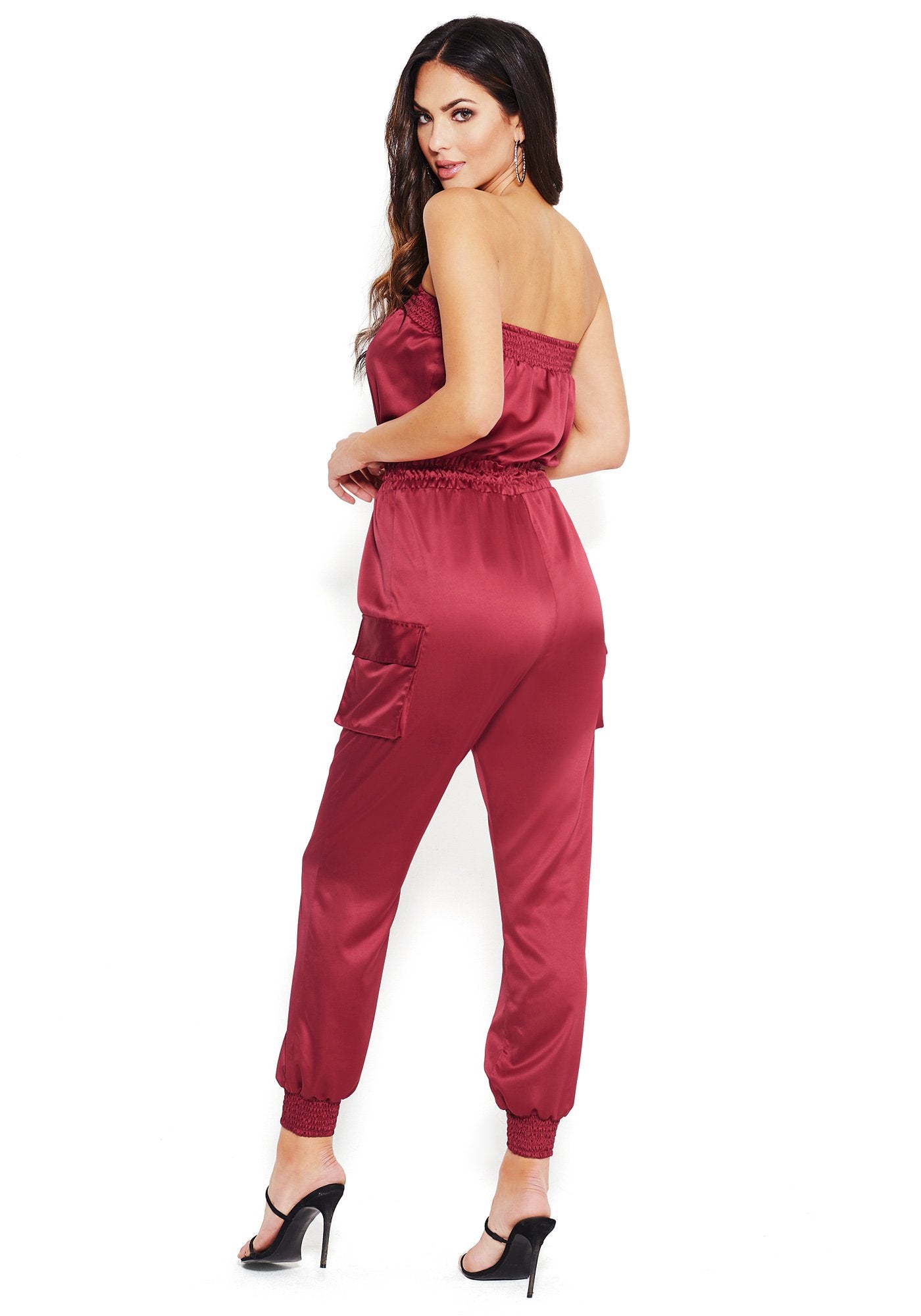 Strapless Satin Cargo Jumpsuit Bebe