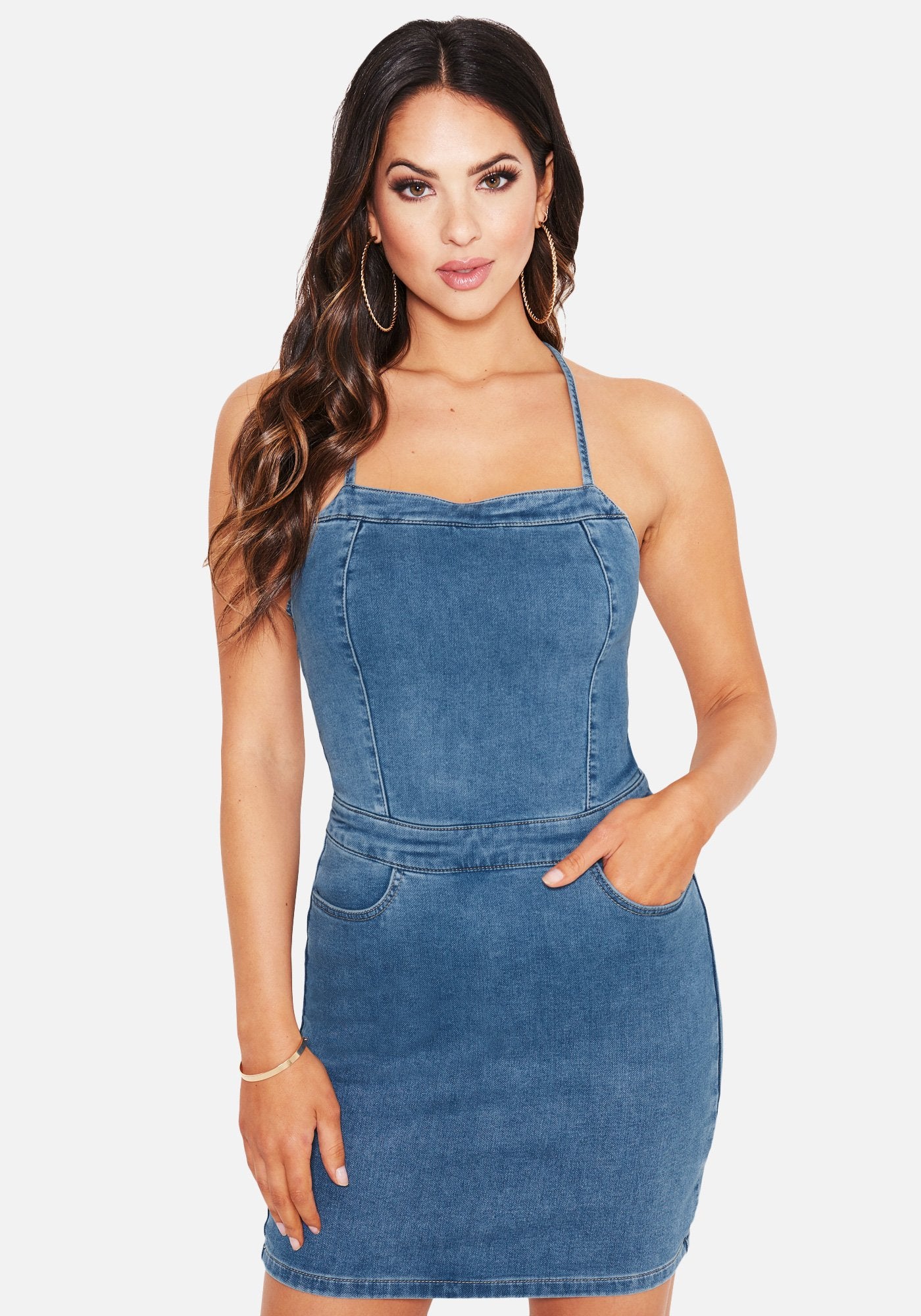 Lace Up Back Jean Mini Dress