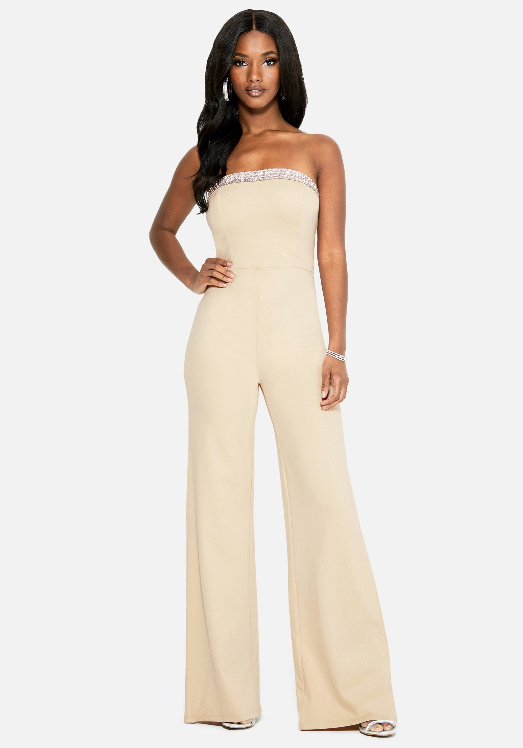 Bebe Women's Strapless Wide Leg Ponte Jumpsuit, Size Large in Frappe Spandex/Viscose