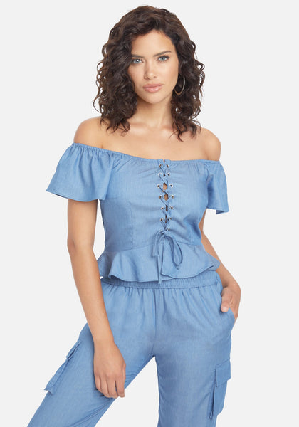 Chambray Lace Front Top | bebe