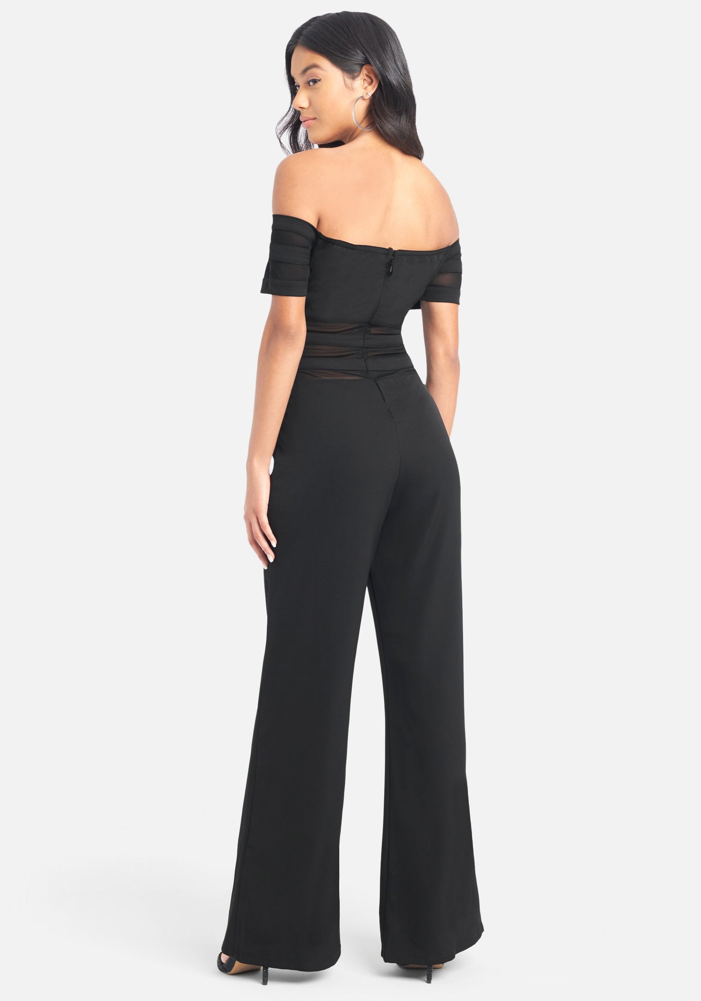 Off Shoulder Mesh Panel Jumpsuit | bebe