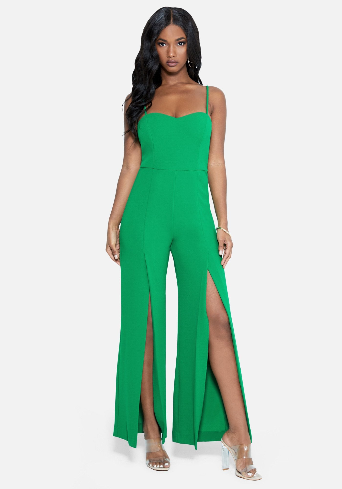 Bebe Women's Open Leg Scuba Jumpsuit, Size Medium in Green