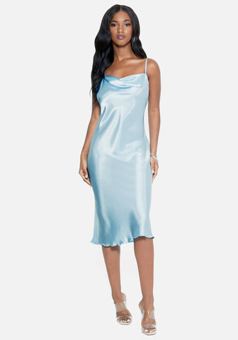 Satin Cowl Neck Slip Midi Dress Bebe