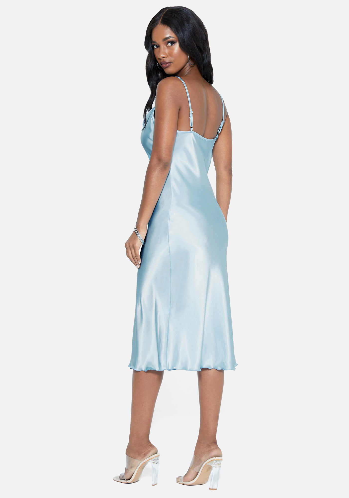 Satin Cowl Neck Slip Midi Dress Bebe