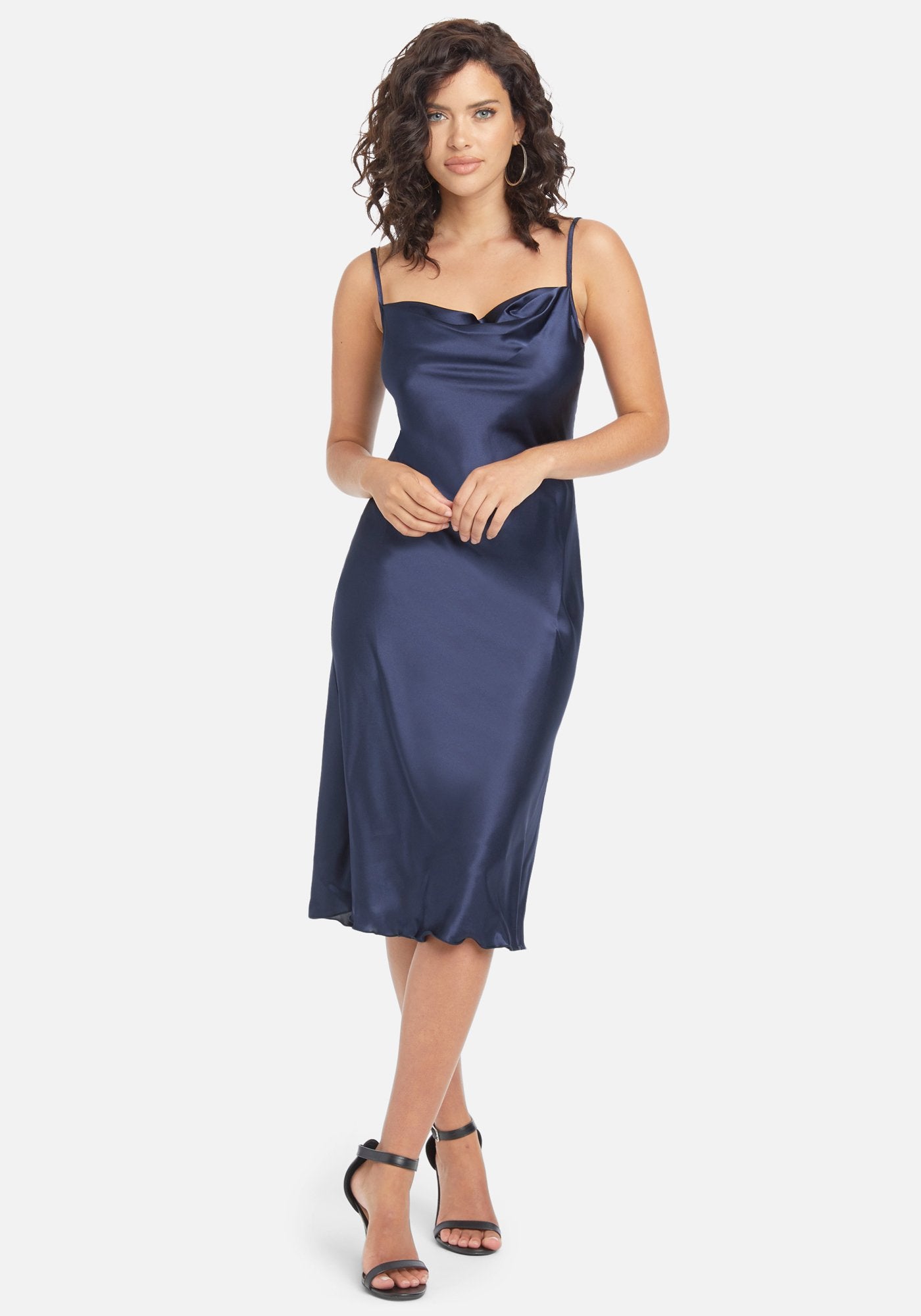 satin cowl neck midi slip dress