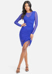 High-Neck Ruched Mesh Long Sleeves Bodycon Dress