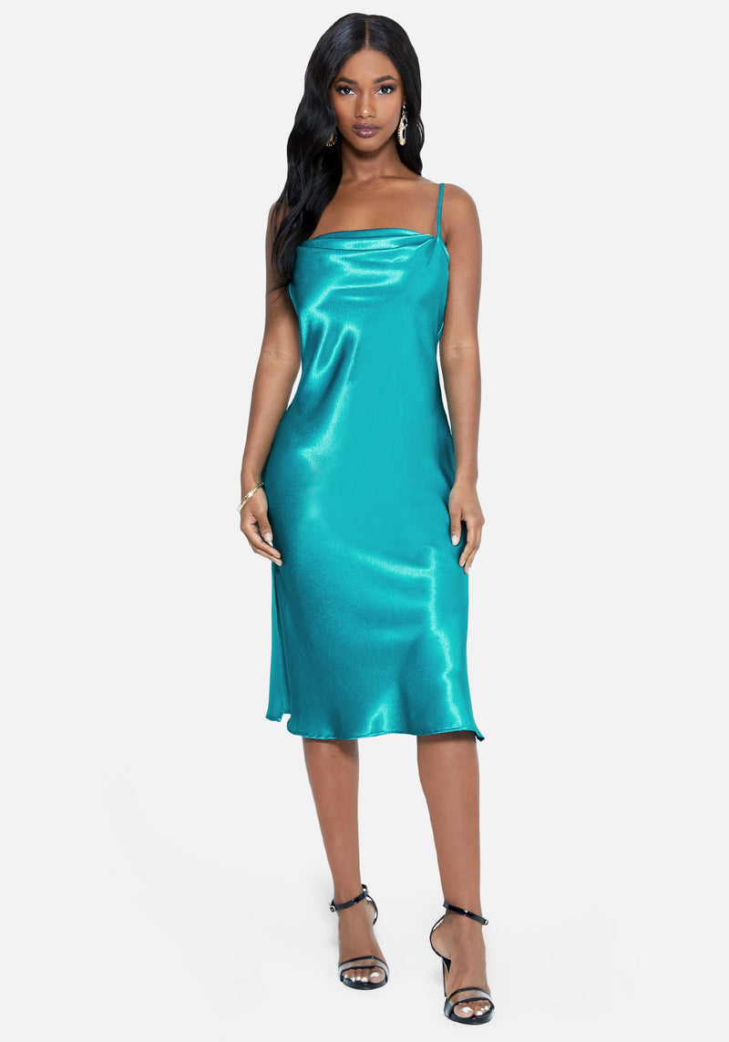 Satin Cowl Neck Slip Midi Dress Bebe