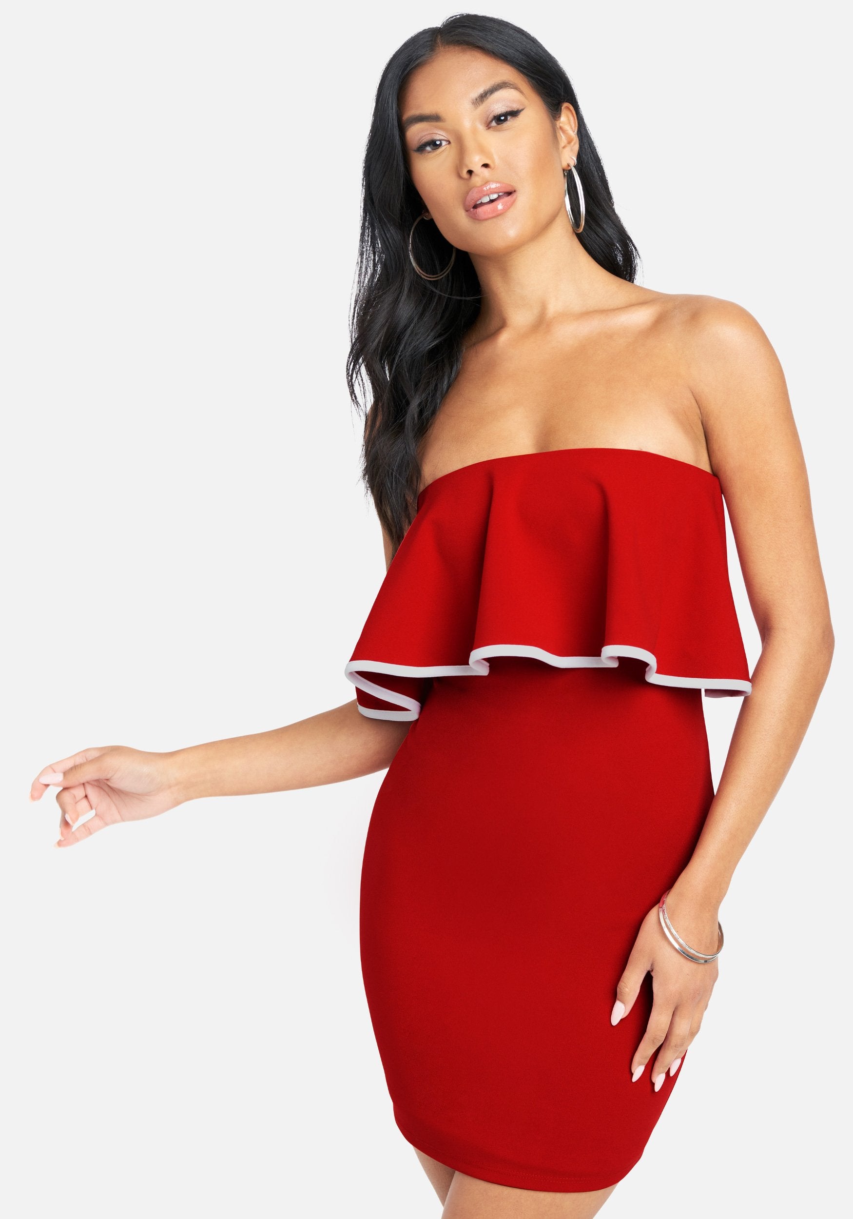 Bebe Women's Strapless Ruffle Mini Dress, Size XS in Red/White Spandex