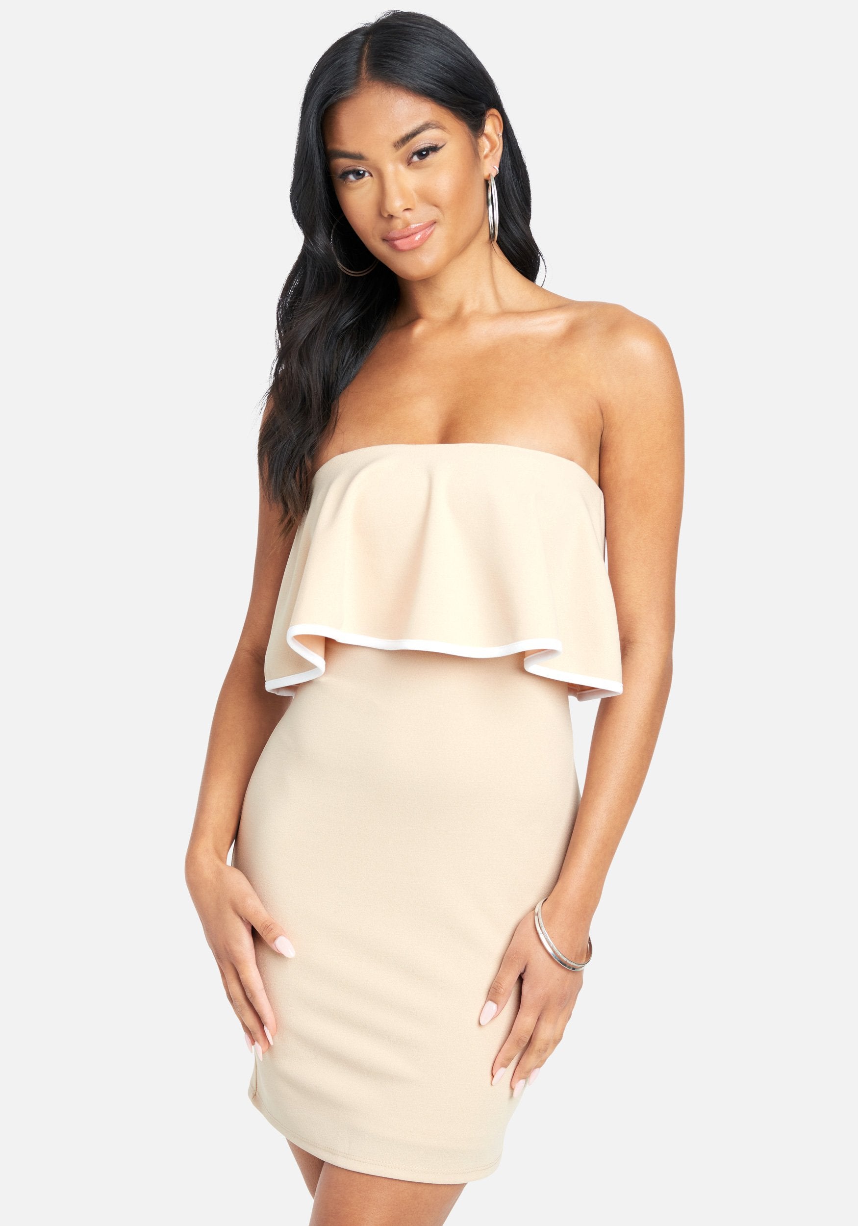 Bebe Women's Strapless Ruffle Mini Dress, Size XL in Tan/White Spandex